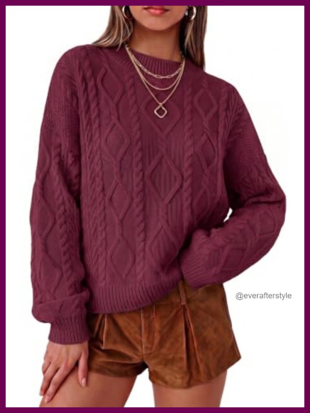 Oversized Cropped Cable Knit Sweater 100% Cotton Crewneck Long Sleeve